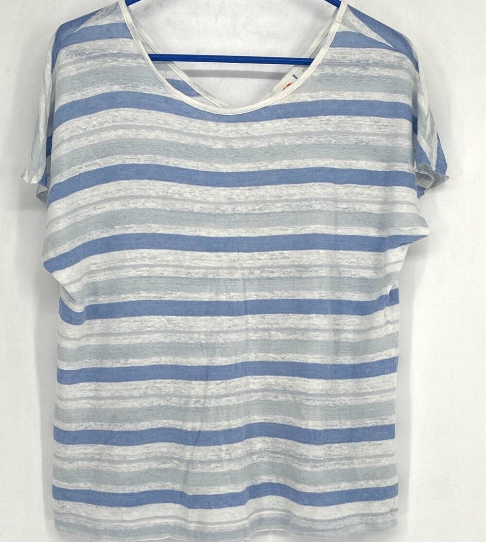 C&C California Wmn Blue Stripe Reversible Top 100% Linen Coastal Beach L - Picture 1 of 5